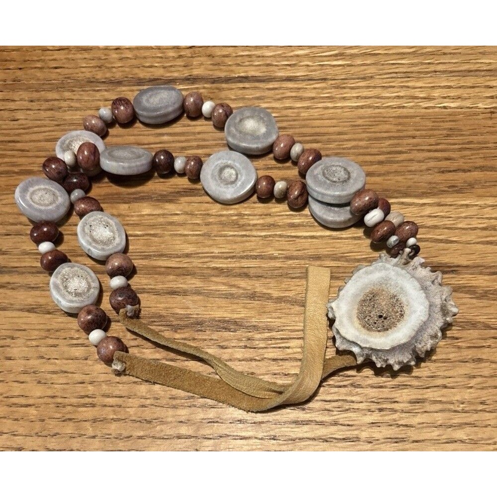 Deer Antler Necklace Beaded w/ Leather